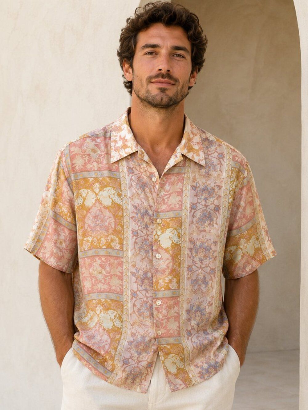 Vintage Bogari Men’s 100% Silk Floral Button Down Shirt Size Small
